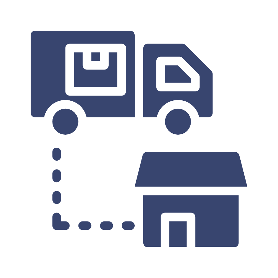 Icon of a delivery truck with a box on its side, a house, and dotted line connecting the truck to the house, representing package delivery.