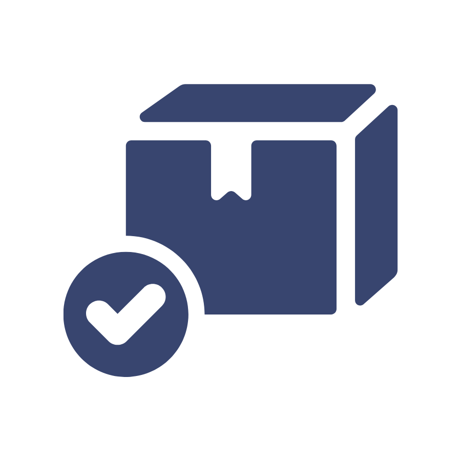 Icon of an open box with a checkmark in a circle in front of it.