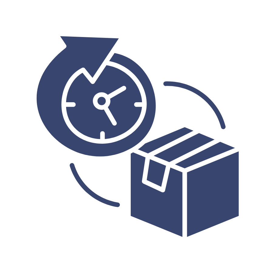 Clock with an arrow and a box representing time-sensitive package delivery
