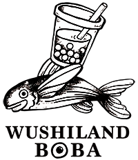 The Wushiland Boba logo featuring an illustrated bubble tea cup with a straw and a fish graphic above the words ‘WUSHILAND BOBA’ in bold, uppercase lettering.