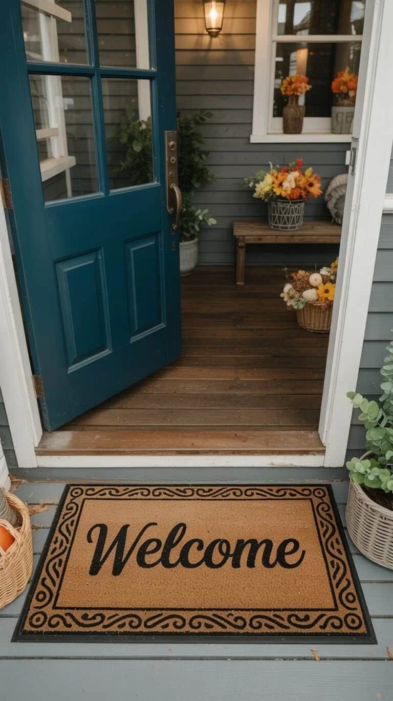 Front porch with a blue door slightly open, welcome mat, potted plants, floral arrangements, and basket of pumpkins.
