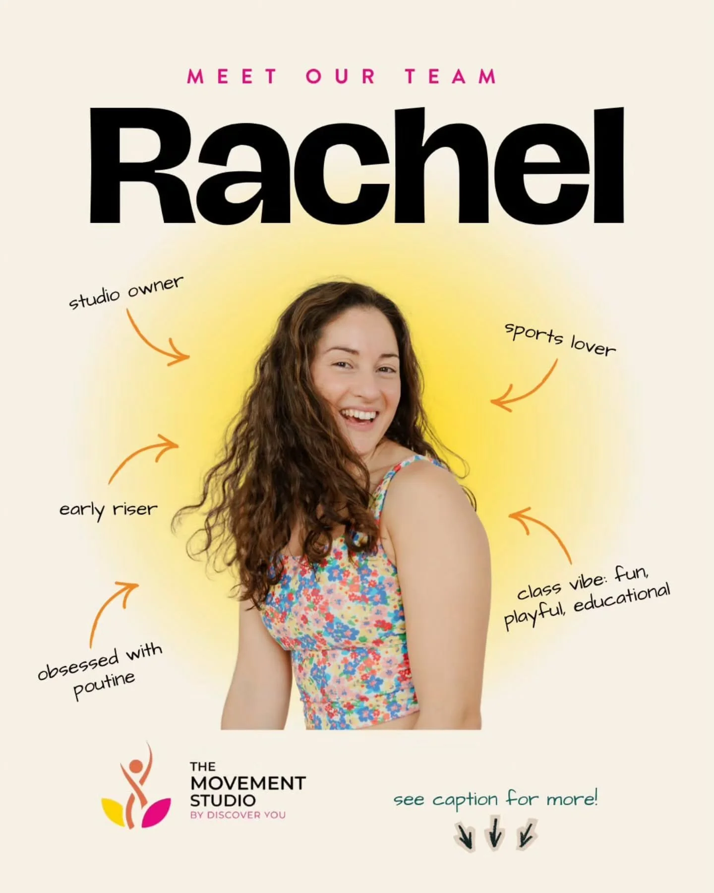✨ Meet Rachel! ✨
Studio owner + instructor at The Movement Studio
&bull;
With over 14 years of teaching experience, a degree in Kinesiology, and a lifelong passion for sports and dance, Rachel brings both expertise and energy to every class she leads