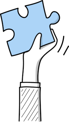 A white hand holding a blue puzzle piece with a black circle cutout.