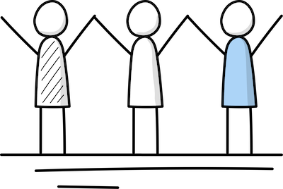 Three illustrated human figures, one with diagonal stripes on the body, and the other two plain, standing side by side against a black background.