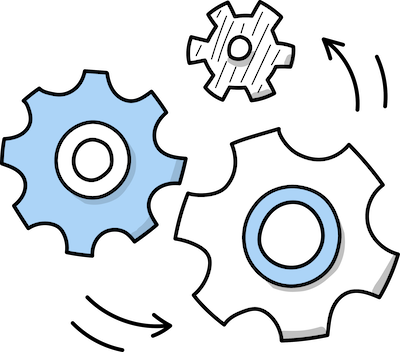 Four gears in blue, white, and black on a black background.