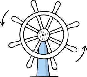Cartoonish ship's steering wheel with a face in the center, on a black background.