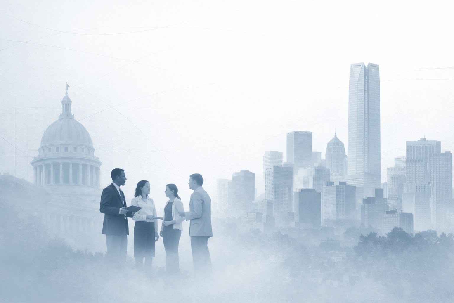 Professionals in conversation near the Oklahoma State Capitol