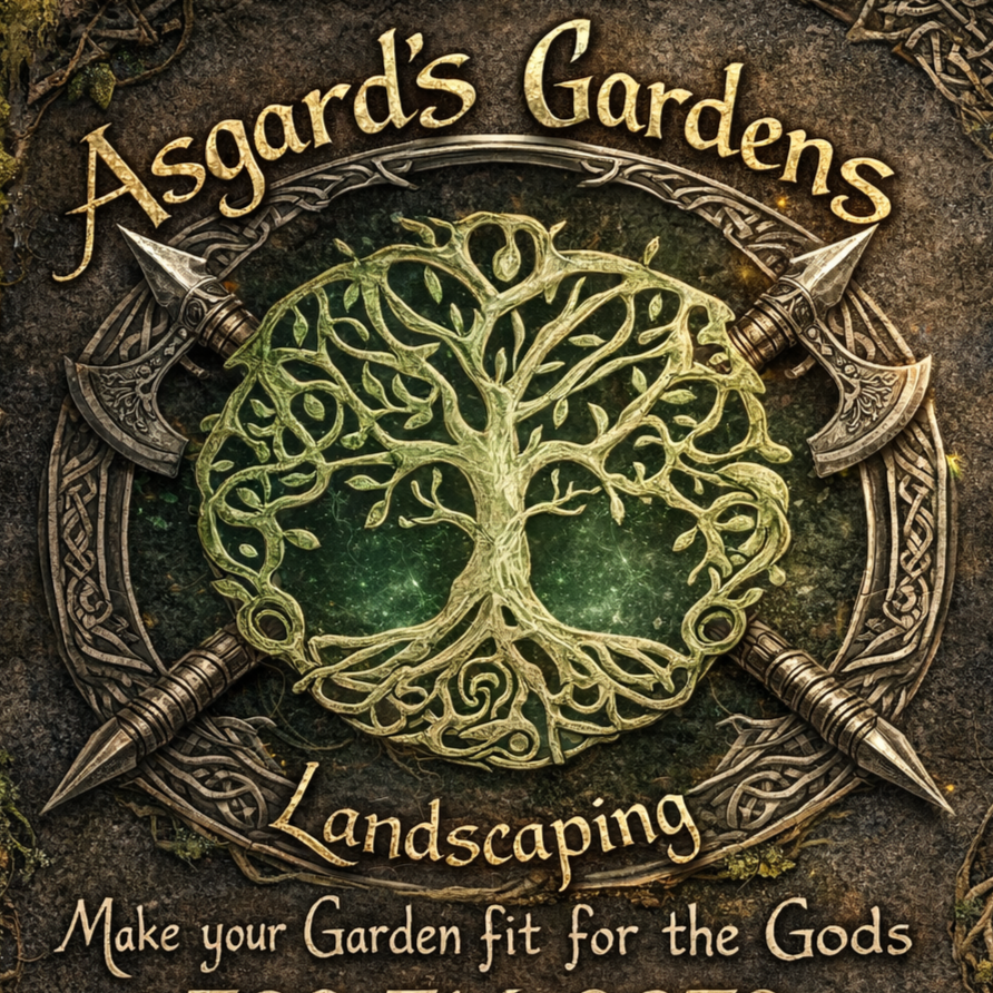 Asgard's Gardens Landscaping logo: Viking skull and Yggdrasil tree of life with the words 'Make your garden fit for the gods'