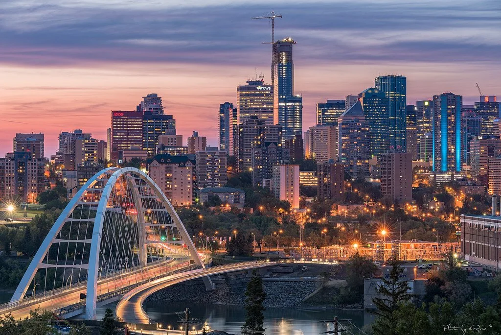 Edmonton skyline at dusk with the Walterdale Bridge over the North Saskatchewan River