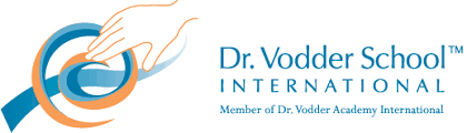 Logo of Dr. Vodder School International with text and a graphic of a hand above a swirling design.