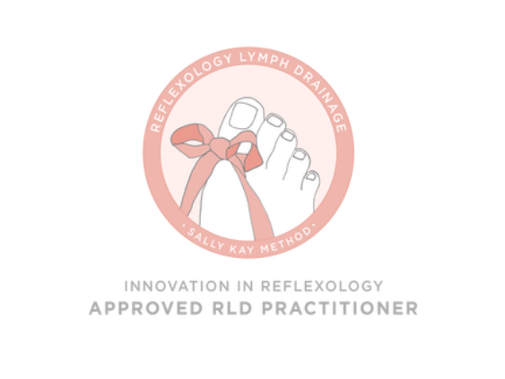 Logo with a foot illustration tied with a ribbon, surrounded by text about reflexology lymph drainage and Sally Kay method, with additional text stating 'Innovation in reflexology, approved RLO practitioner.'