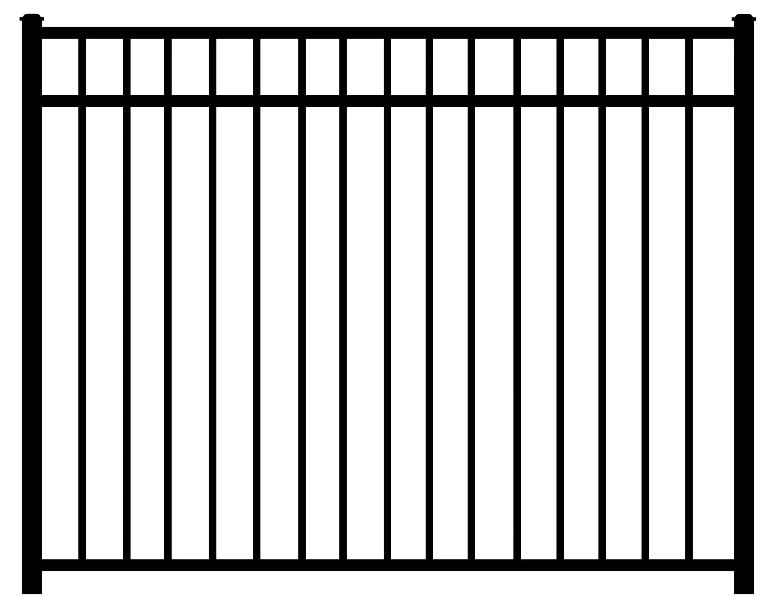 Black metal gate with vertical bars and decorative circular finials on top of each bar.