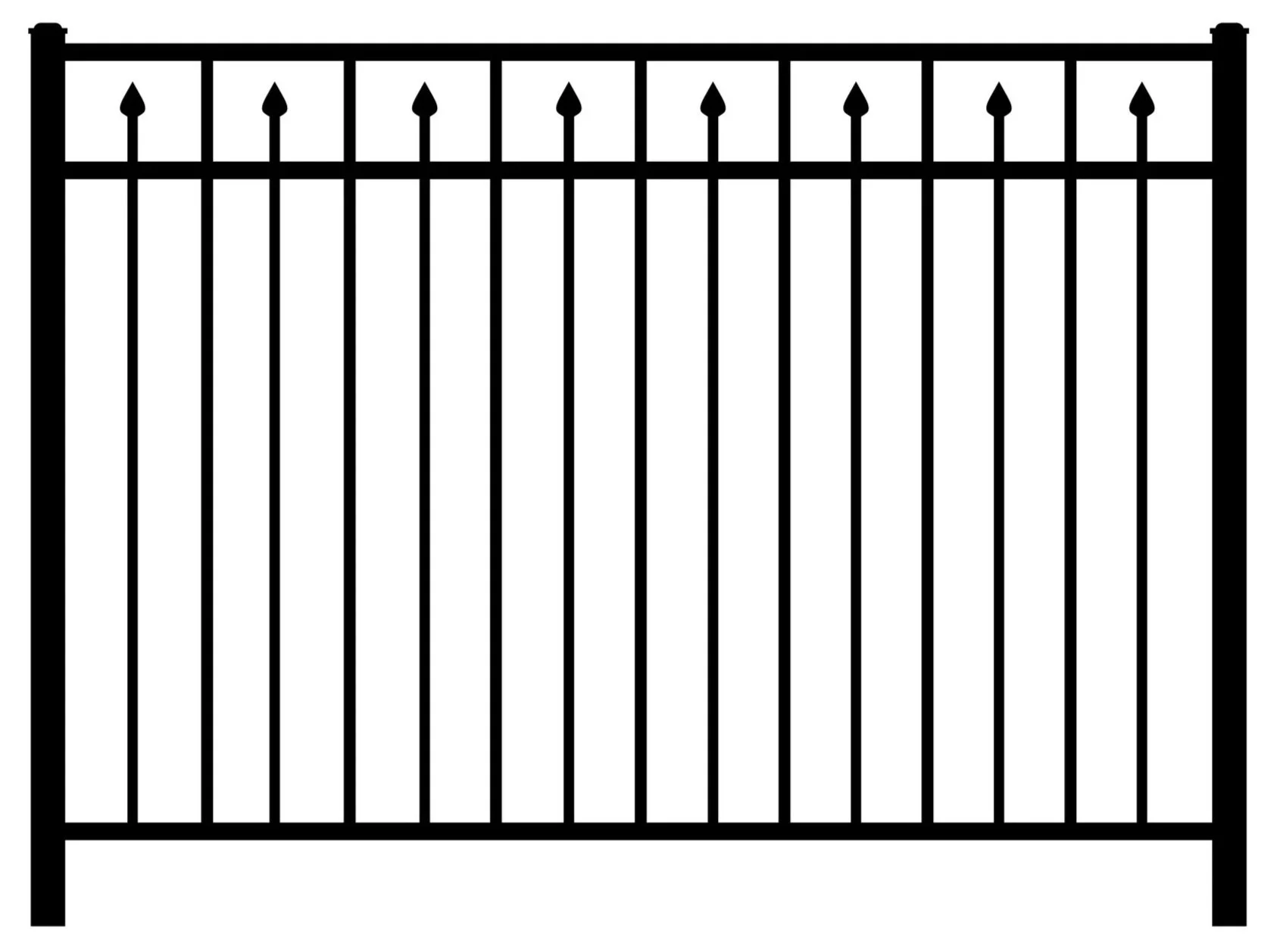 Black and white illustration of a tall, metal picket fence with pointed tops, mounted on a concrete base.
