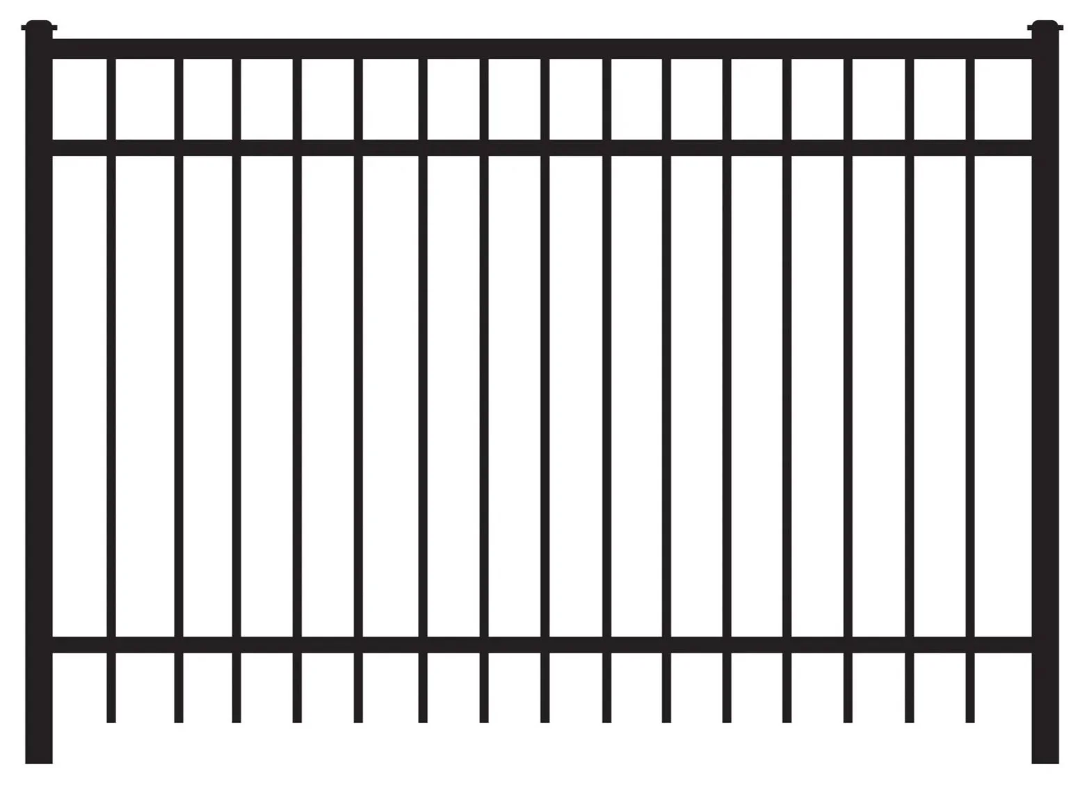 A black metal fence with vertical bars and horizontal support bars.