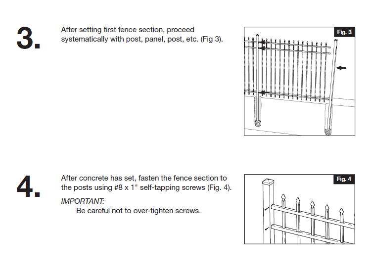 Diagram showing the installation of a metal fence. Step 3 illustrates setting the first fence section, and step 4 shows fastening the fence section to posts with self-tapping screws.