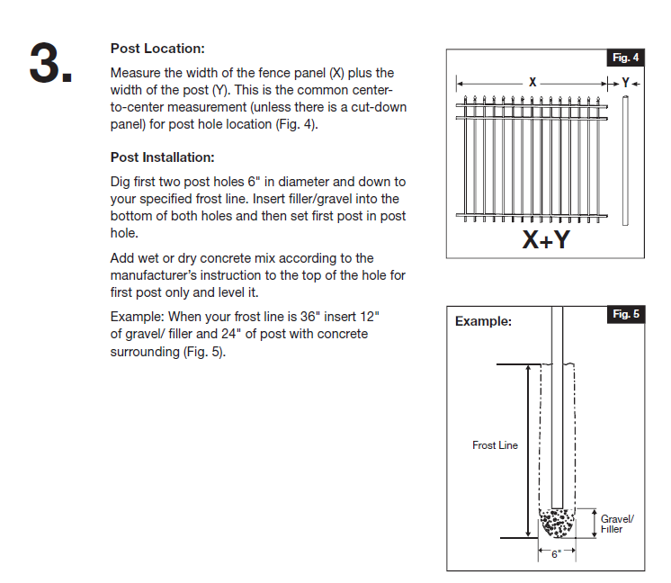 Diagram showing the measurement of post location by adding width of fence panel and post (X + Y), and a close-up of post installation with a frost line, gravel, and concrete.