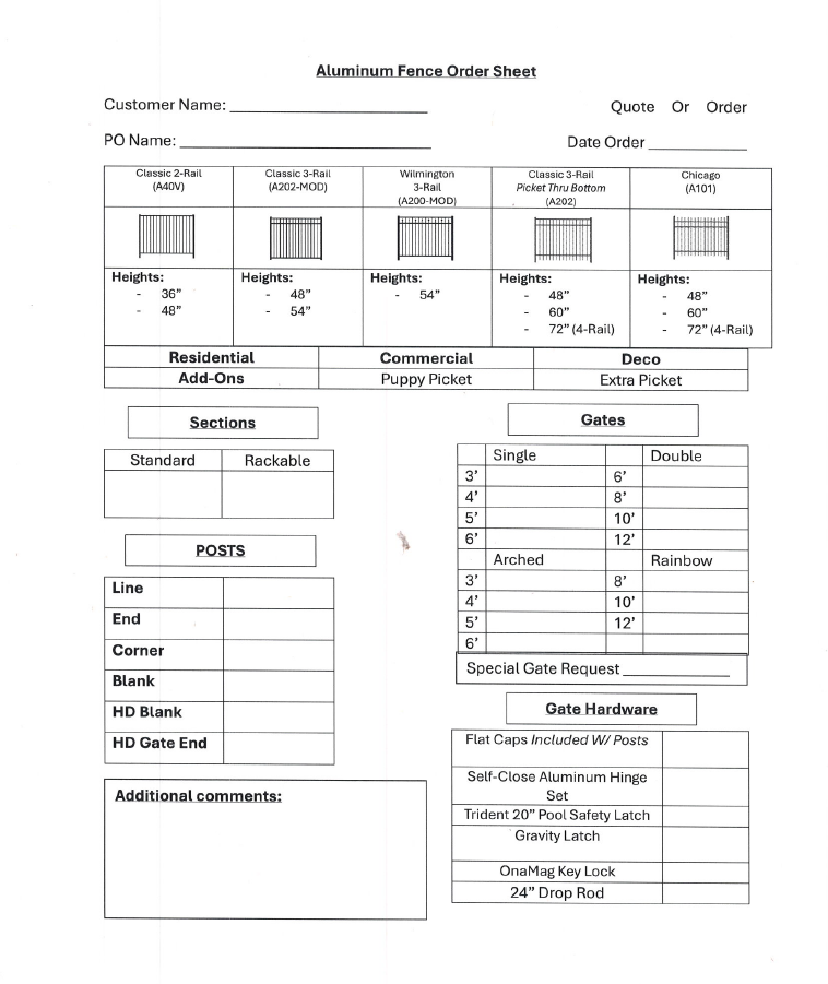 A document titled 'Aluminum Fence Order Sheet' with sections for customer information, various fence styles with heights, and options for residential, commercial, and decorative fences. It includes sections for gate types, posts, and hardware, with checkboxes and lines for specifications and comments.