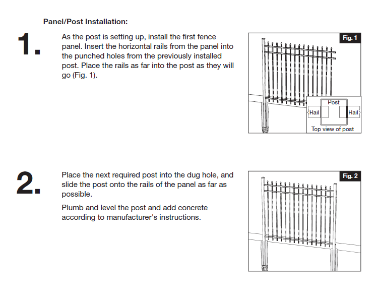 Instructions and illustrations for installing a fence panel and posts. The first diagram shows a post with horizontal rails, and the second diagram depicts placing a post into a dug hole and sliding it onto rails.