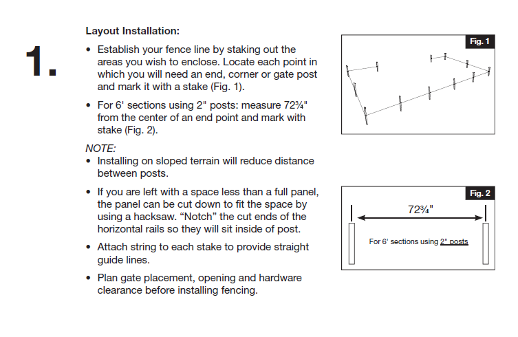 Instructions for fence installation, including layout setup, measuring 72 3/4 inches between posts, and using 2-inch posts for 6-foot sections, with diagrams showing post placement.