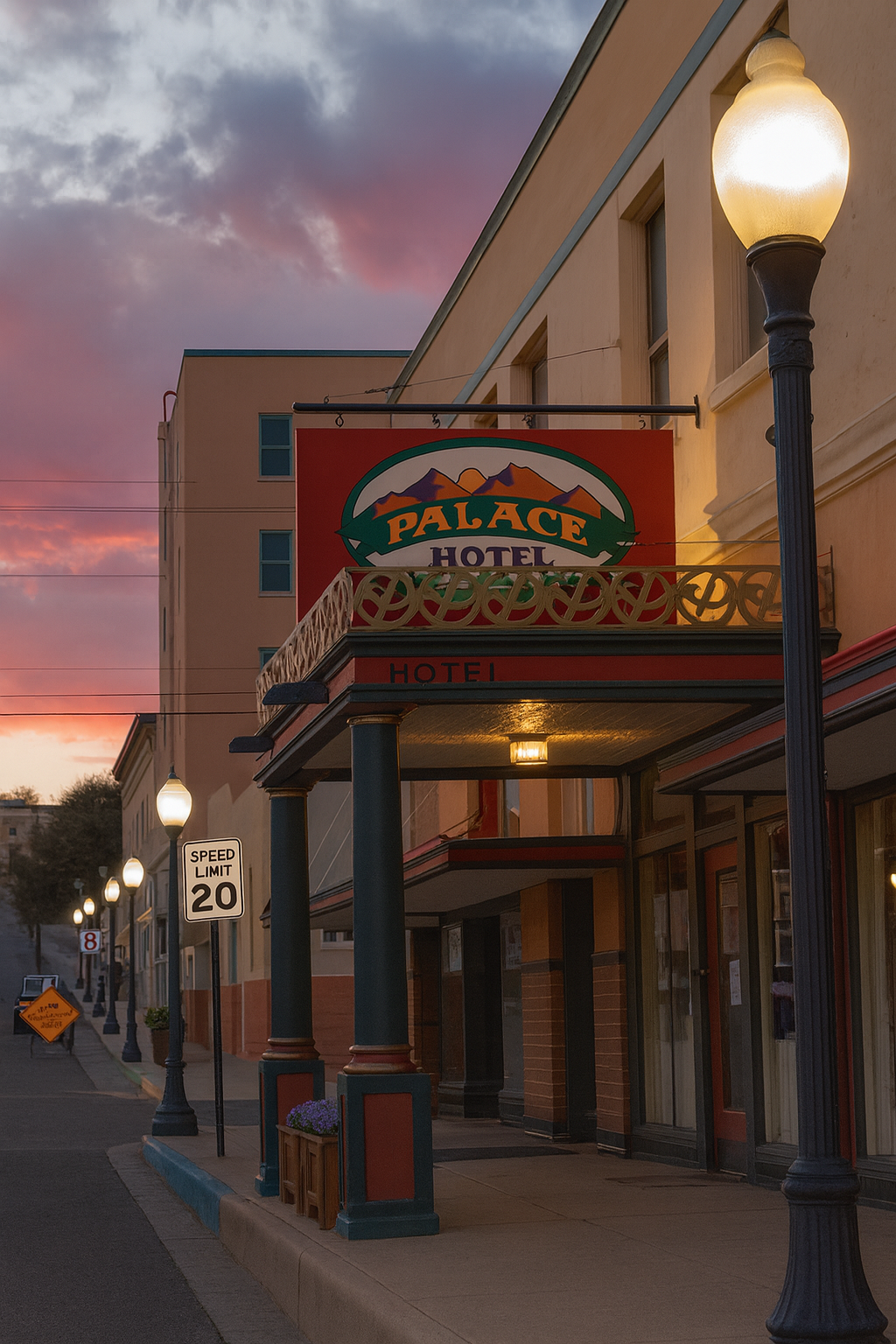 The Palace Hotel sign on a building with a sunset sky in the background, street lamps, and a speed limit sign of 20 mph.
