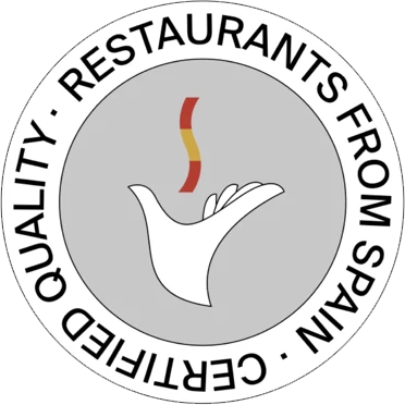 Logo with a hand holding a skewer with a strip of meat and a circular border that reads 'Quality Restaurants From Spain Certified'.