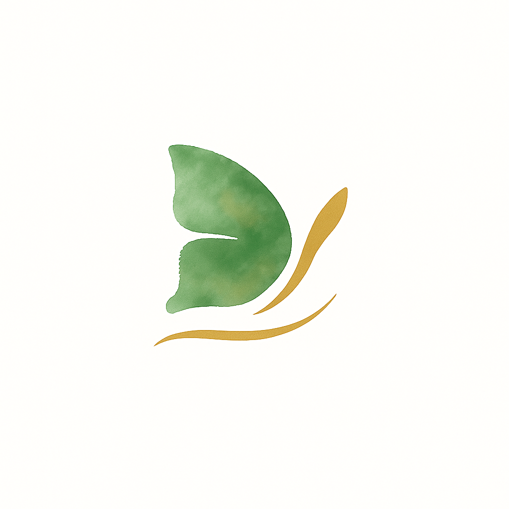 Stylized green butterfly with gold accents on white background.