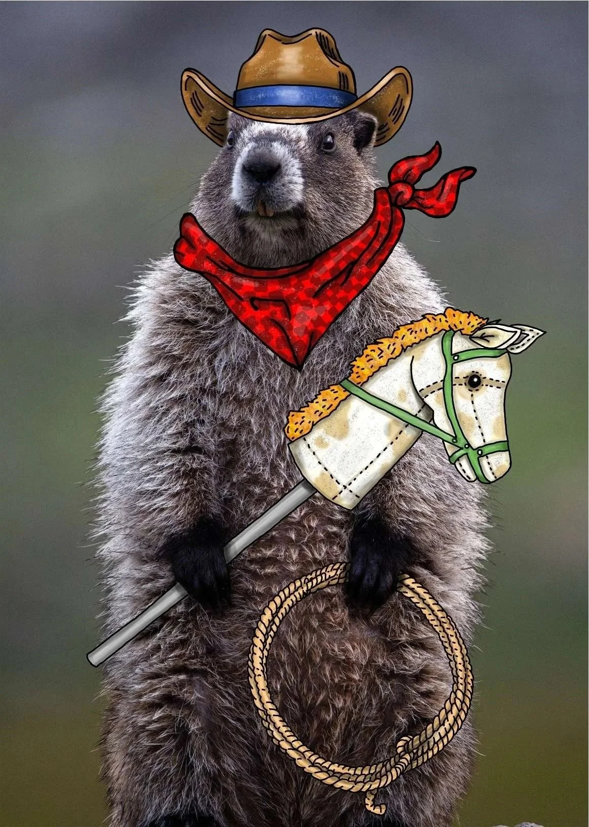 A photo of a groundhog with added cartoon cowboy accessories, including a cowboy hat, a red bandana, and a wooden horse toy, on a blurred outdoor background.