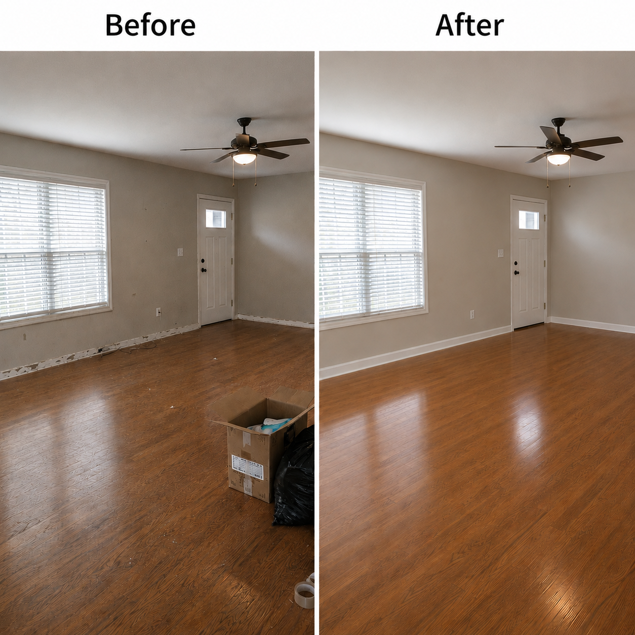 Side-by-side photos of a living room before and after cleaning and repainting. The before photo shows a room with worn wall paint, a box on the floor, and some debris. The after photo shows the same room with freshly painted walls and a clean, polished wooden floor.