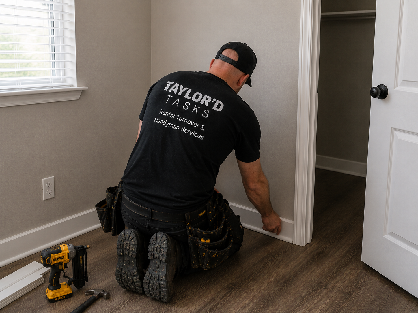 A handyman worker installing or inspecting baseboard molding in a room, wearing a black t-shirt with company name and services, kneeling on the wooden floor with tools nearby.