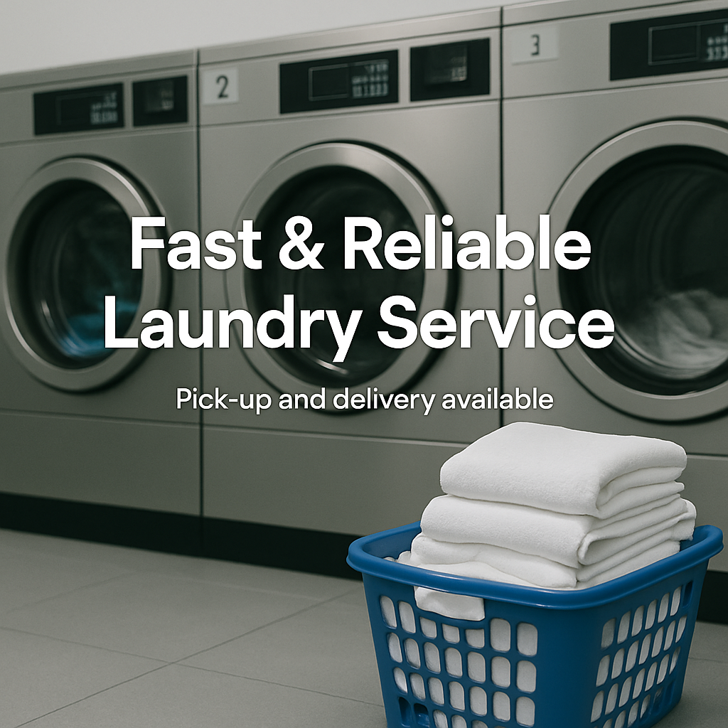 Laundry room with washing machines and a basket of folded white towels in the foreground, with bold text overlay advertising fast and reliable laundry service, including pick-up and delivery.