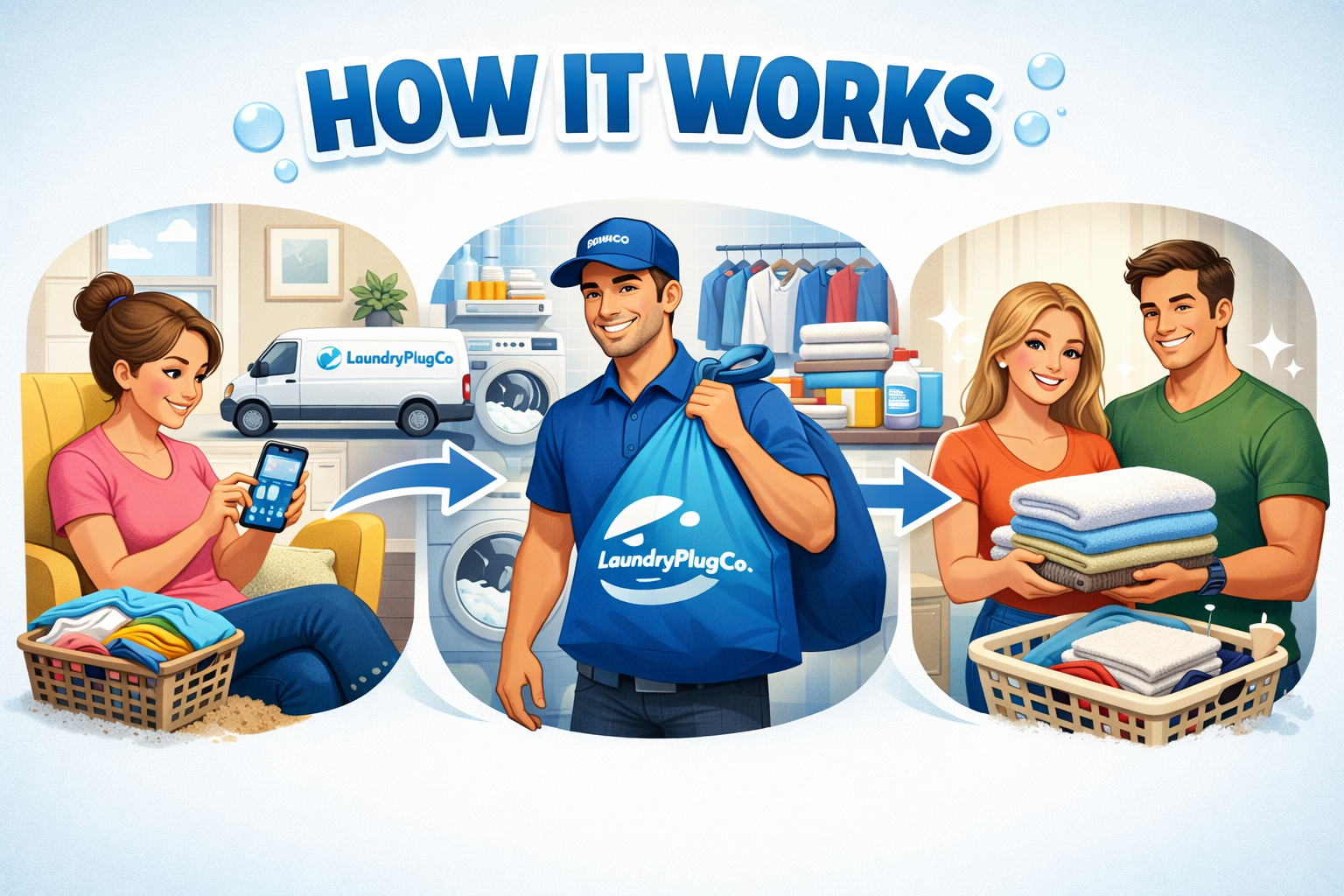 Illustration showing the process of using LaundryPlugCo. service: a woman at home preparing laundry, a delivery person with a LaundryPlugCo bag delivering laundry, and a couple happily receiving their folded laundry. The background includes laundry appliances, shelves with clothing and cleaning supplies.