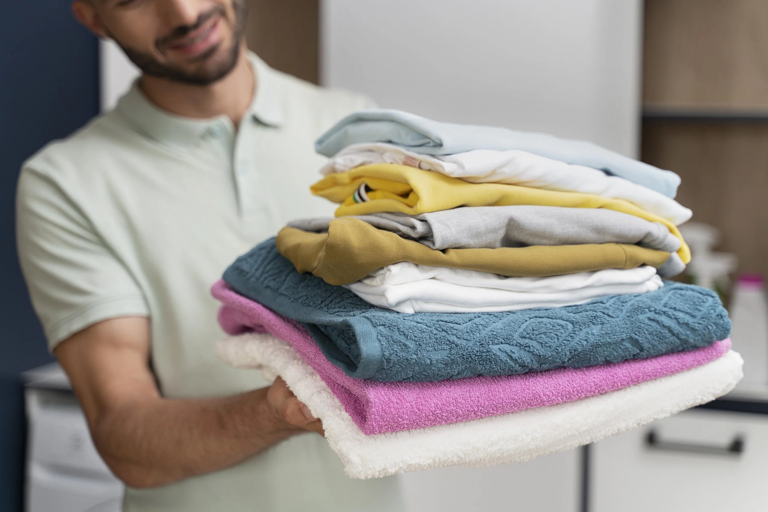 Man holding a stack of folded towels and clothes in a laundry room.
