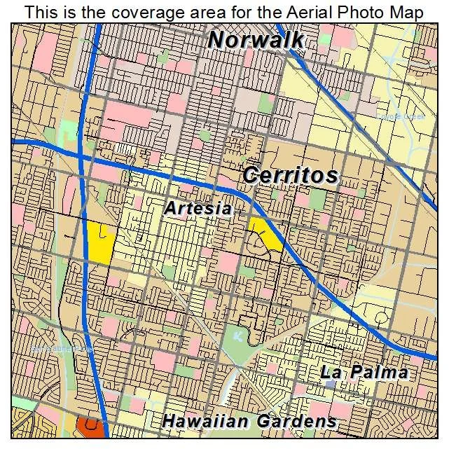 Map showing coverage areas for Norwalk, Cerritos, Artesia, La Palma, Hawaiian Gardens neighborhoods, with main roads and highways marked.