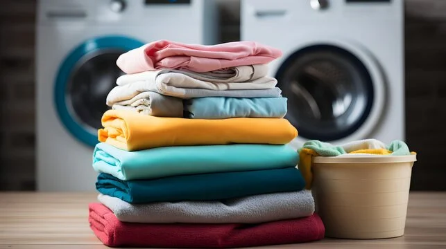 Stack of colorful folded clothes beside a laundry basket in front of washing machines.