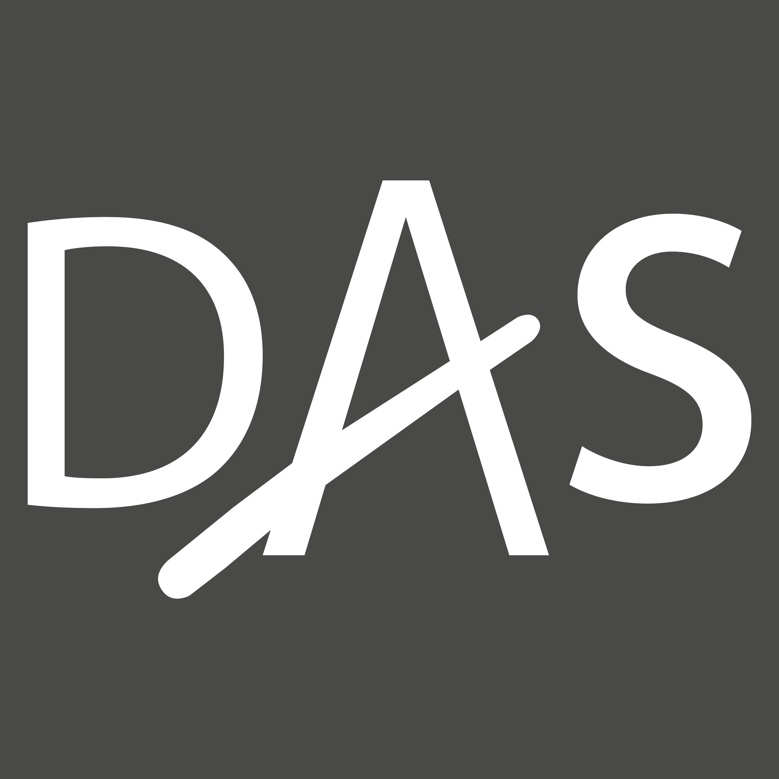 Stylized logo with the word "DAS" in large white letters on a dark gray background, with a needle and thread threaded through the A.