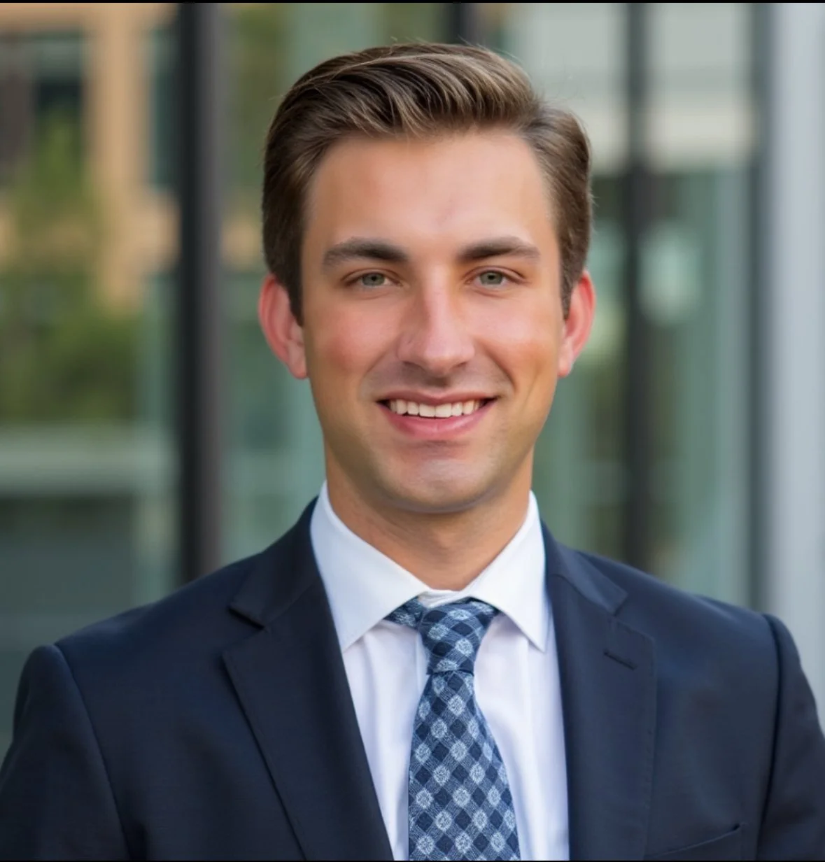 Headshot of a young man with light skin, brown hair, and blue eyes, wearing a dark suit, white shirt, and patterned tie, smiling in front of a modern glass building.