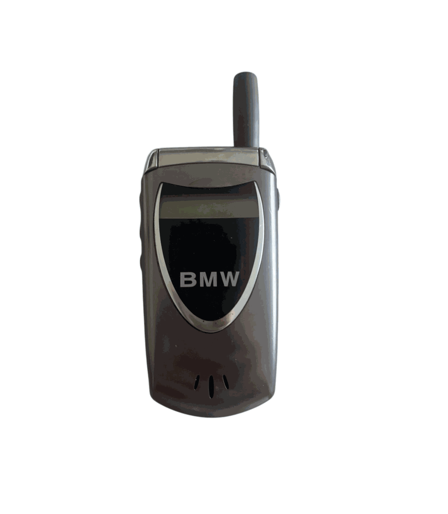 An older model mobile phone with a black screen displaying the BMW logo, placed against a dark background.