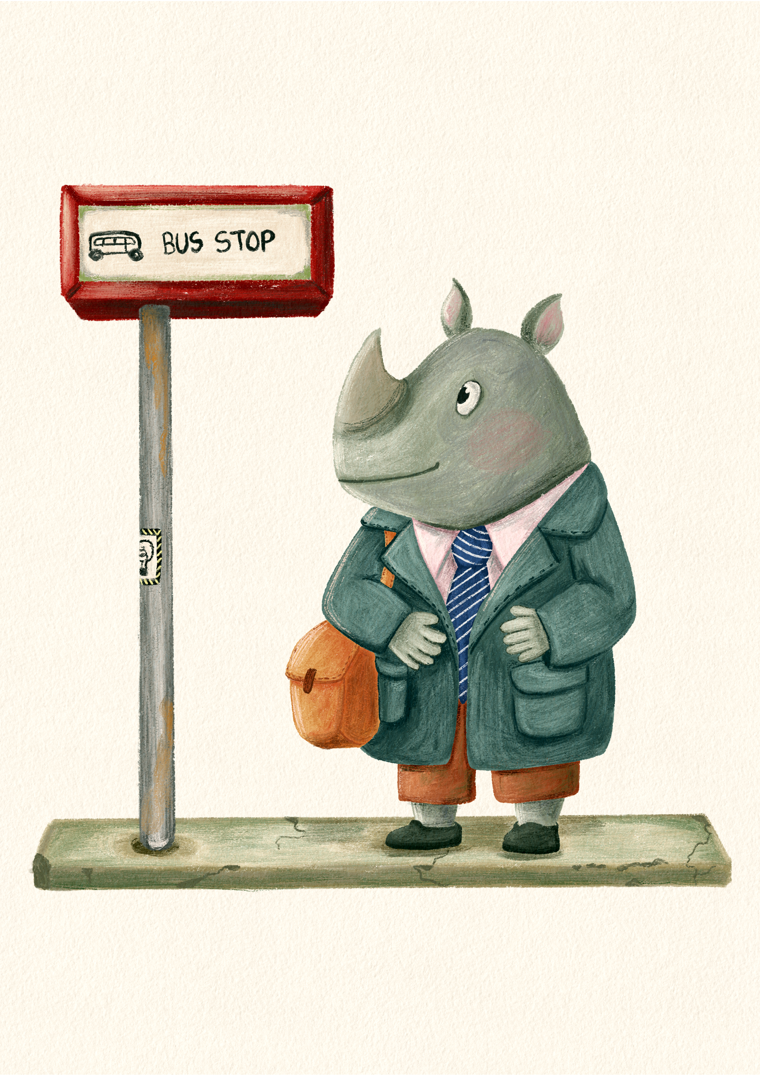 An illustration of a rhinoceros in business attire at a bus stop, wearing a dark coat, pink shirt, striped tie, cargo shorts, and holding a brown bag.