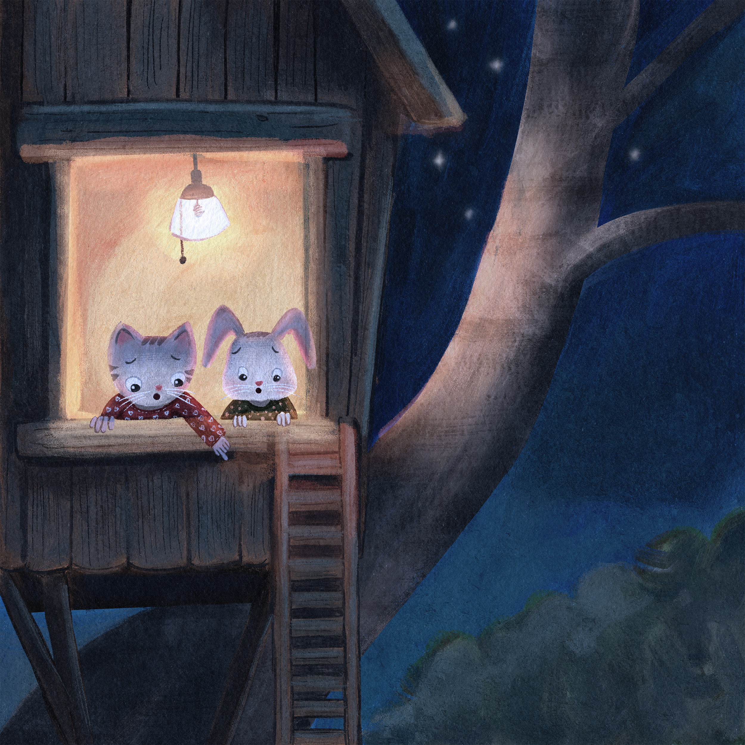 Illustration of a cat and a bunny on a treehouse porch, illuminated by a hanging lamp, at night with stars and a tree in the background.