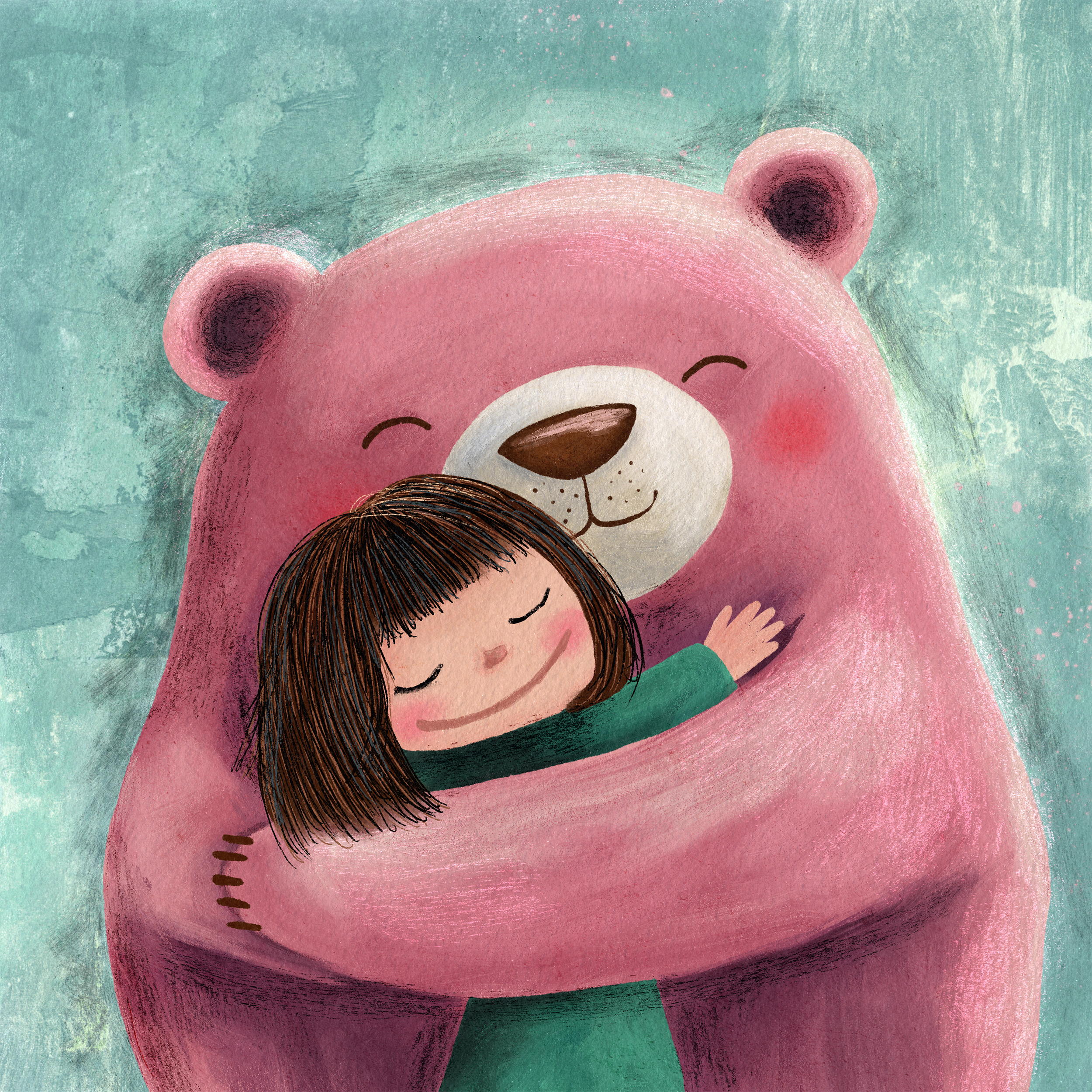 A young girl hugging a pink bear with a smiling face, closed eyes, and a round nose, in a watercolor illustration style.