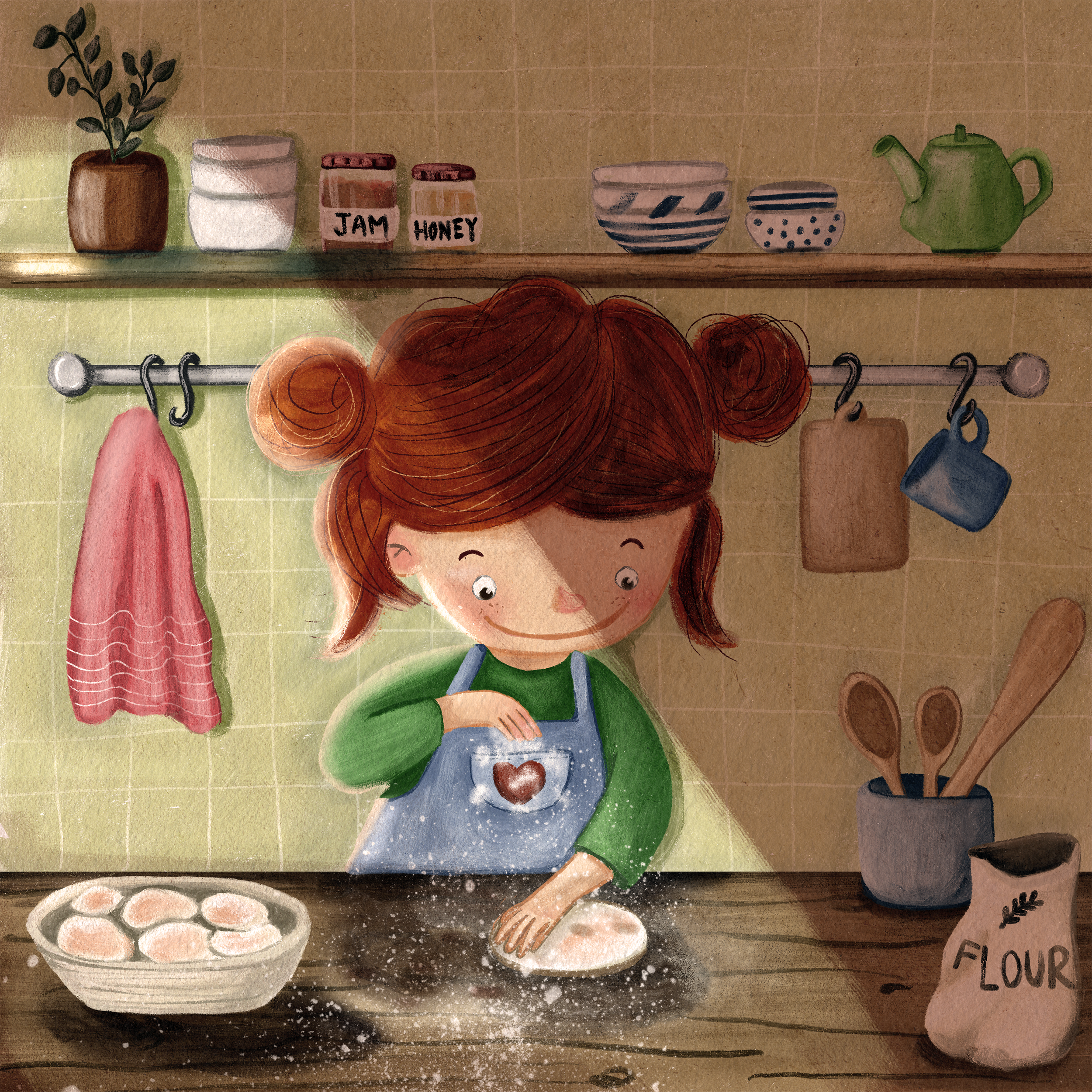 A young girl with red hair in buns, wearing a green shirt and a blue apron with a heart, is happily kneading dough on a wooden counter. There is a bowl of rolled cookies nearby and a bag of flour labeled 'FLOUR'. She is in a cozy kitchen with yellow 