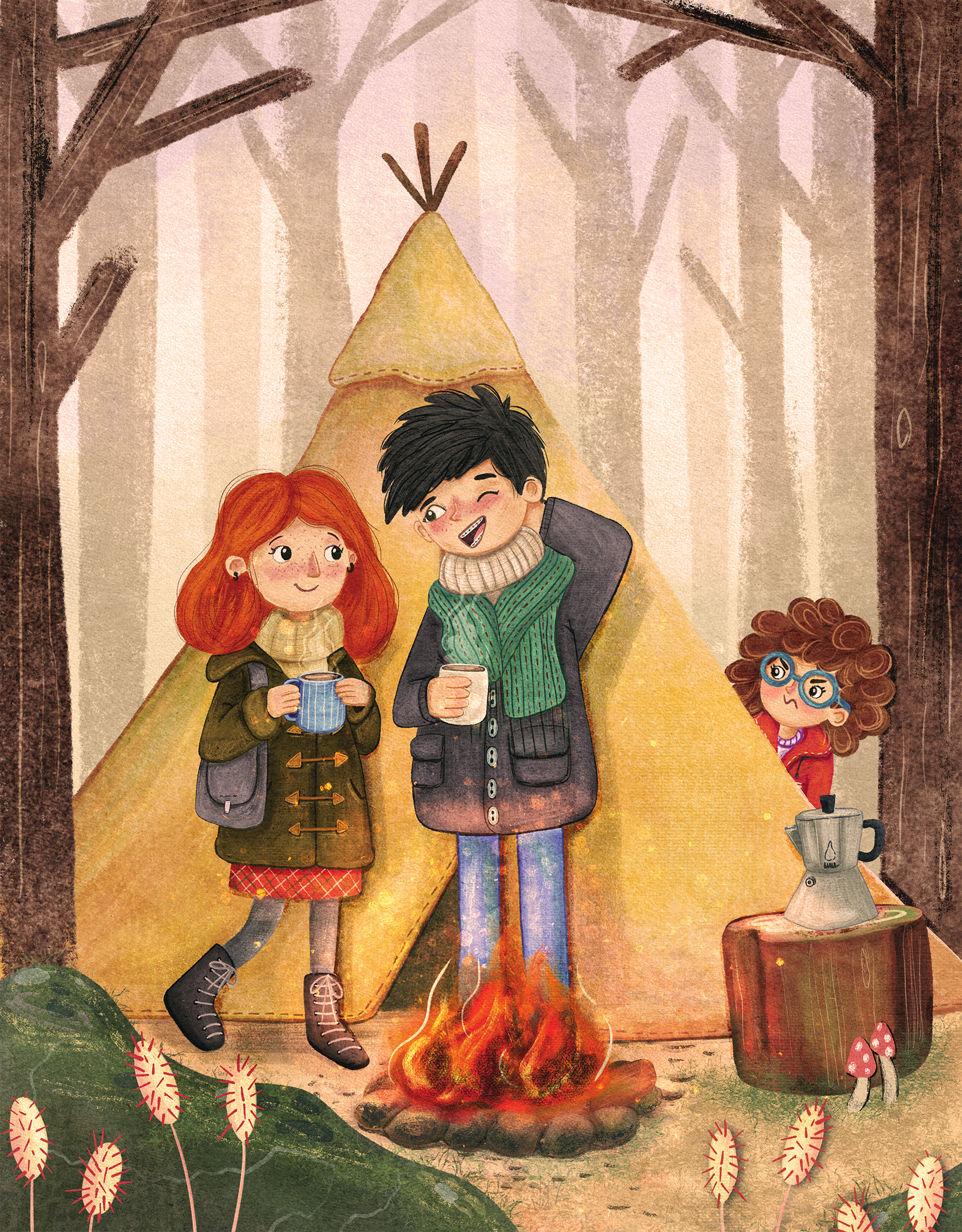 Three children gathered around a campfire in a forest, with a yellow tent and camping gear nearby.