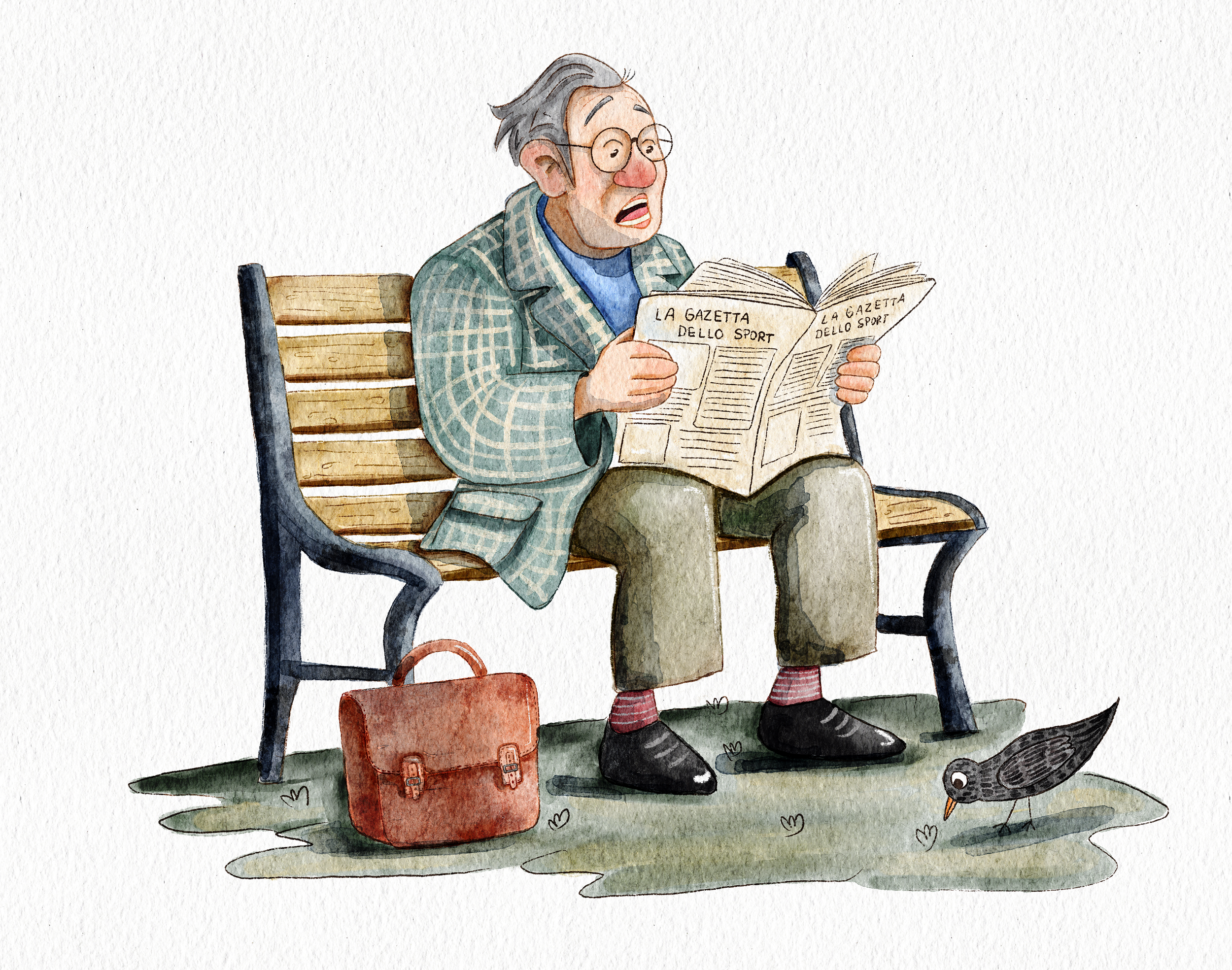 An elderly man with glasses and gray hair, sitting on a park bench, reading a newspaper titled La Gazzetta dello Sport, with a surprised or confused expression. He is wearing a checked jacket, beige pants, and black shoes with red socks. A brown brie
