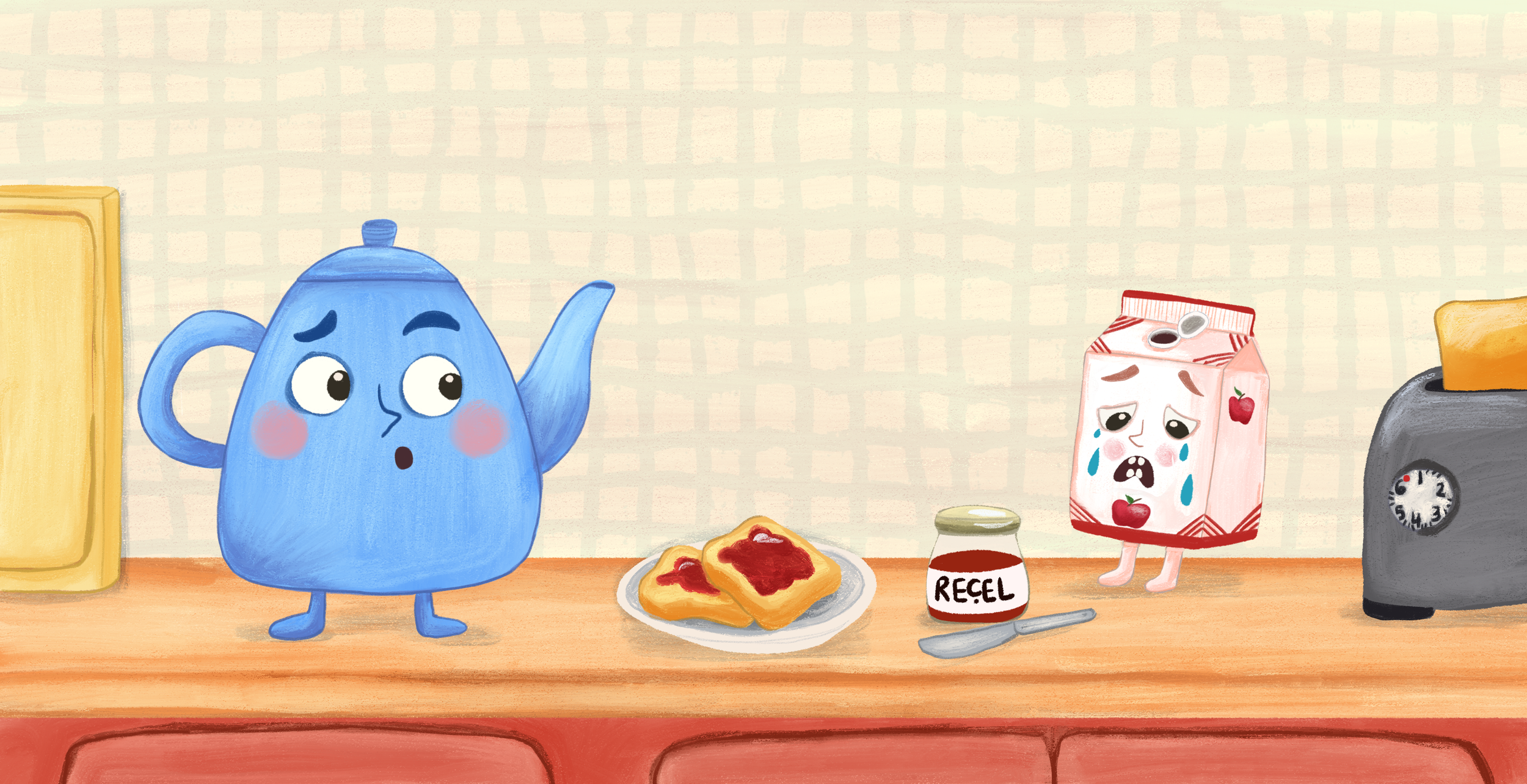 A cartoon scene featuring a blue teapot with eyes and a surprised expression, two slices of toast with jelly, a crying milk carton with a sad face and tears, a jar of jelly labeled 'RECEL', and a toaster with bread inside.