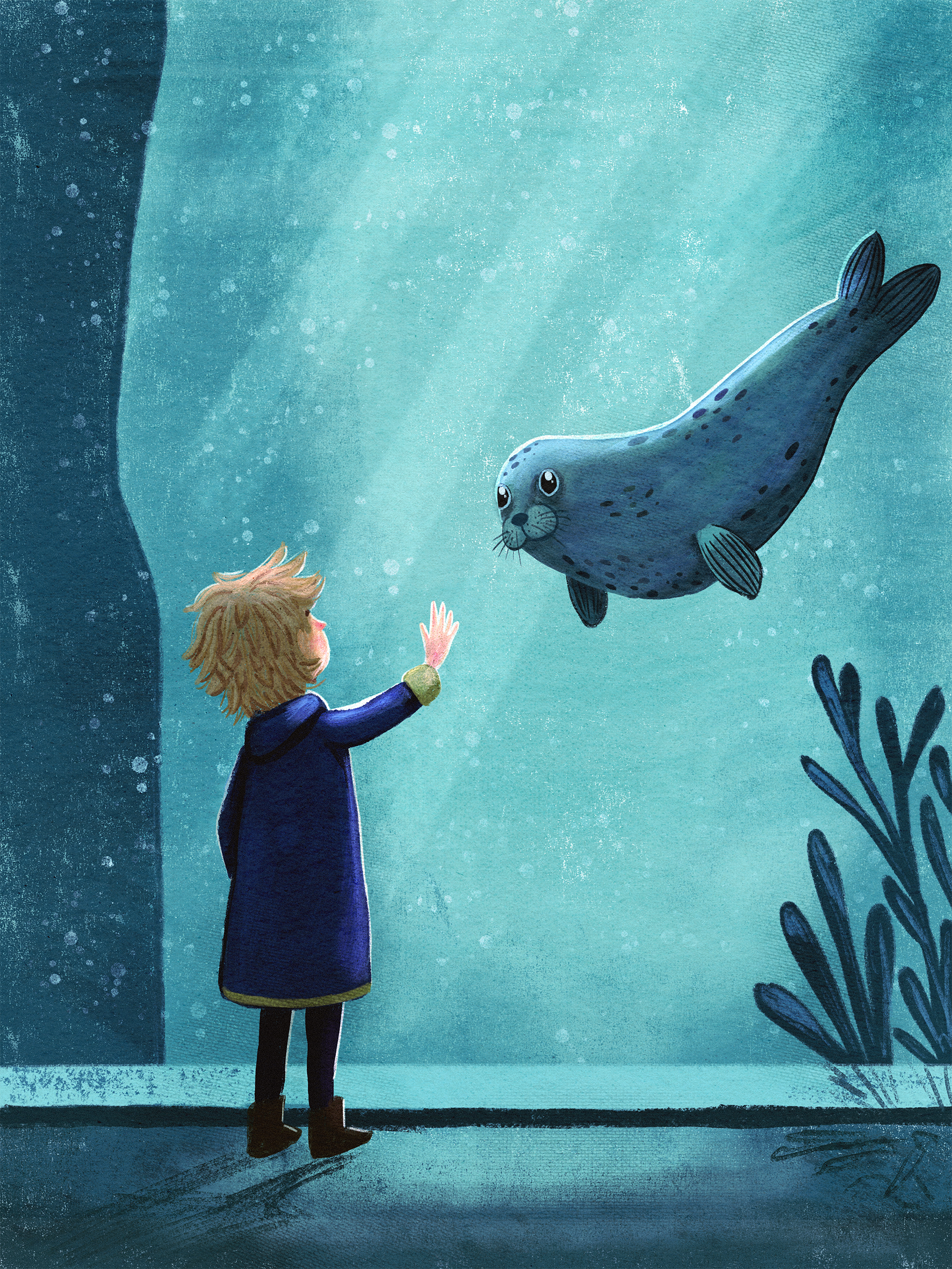 A young boy with light brown hair wearing a dark blue coat and black boots stands in front of a large glass window, reaching out toward a friendly-looking underwater seal swimming nearby in a blue-green ocean environment. There are aquatic plants on 