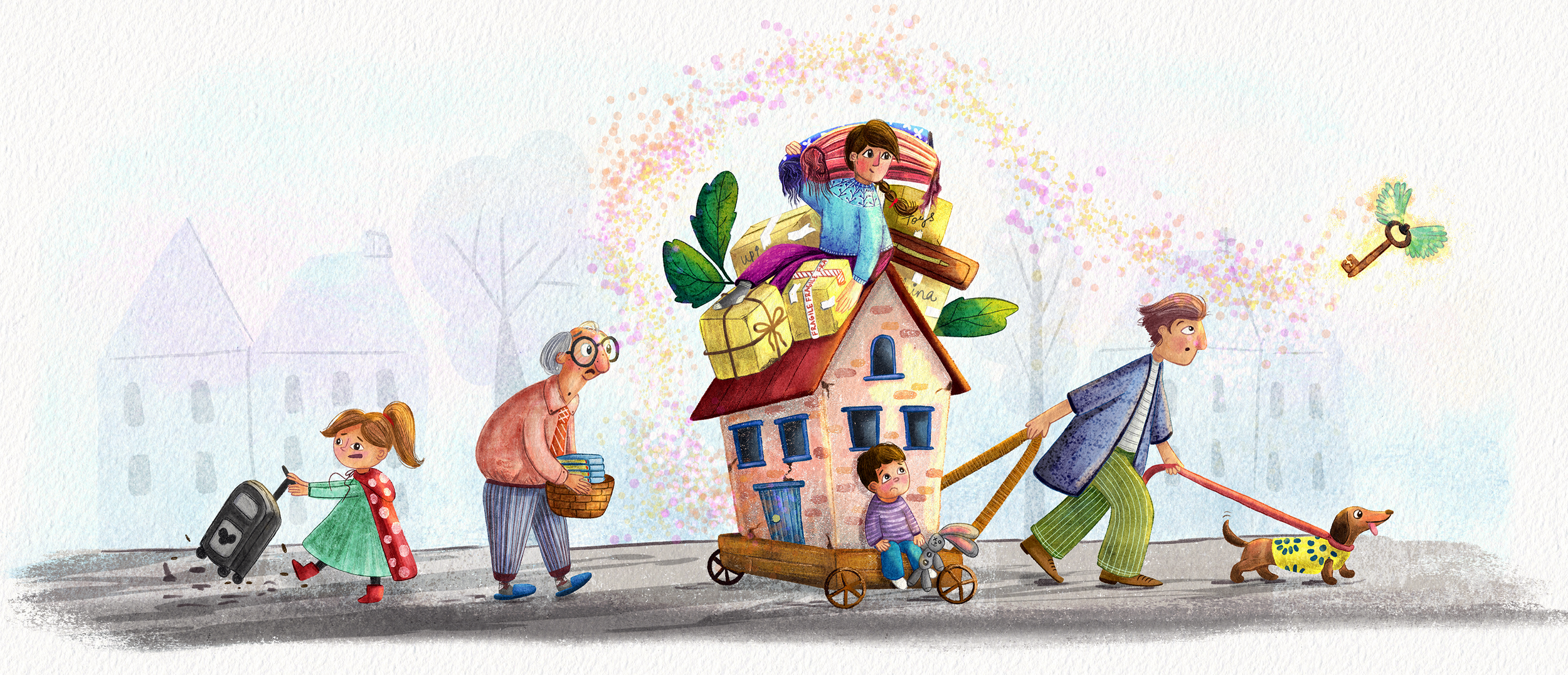 A whimsical illustration of a family walking on a gray street, with a house on wheels being pulled by the father and a girl with a suitcase. The house is decorated with plants, gifts, and a young girl sitting on top. An elderly woman and a young boy 