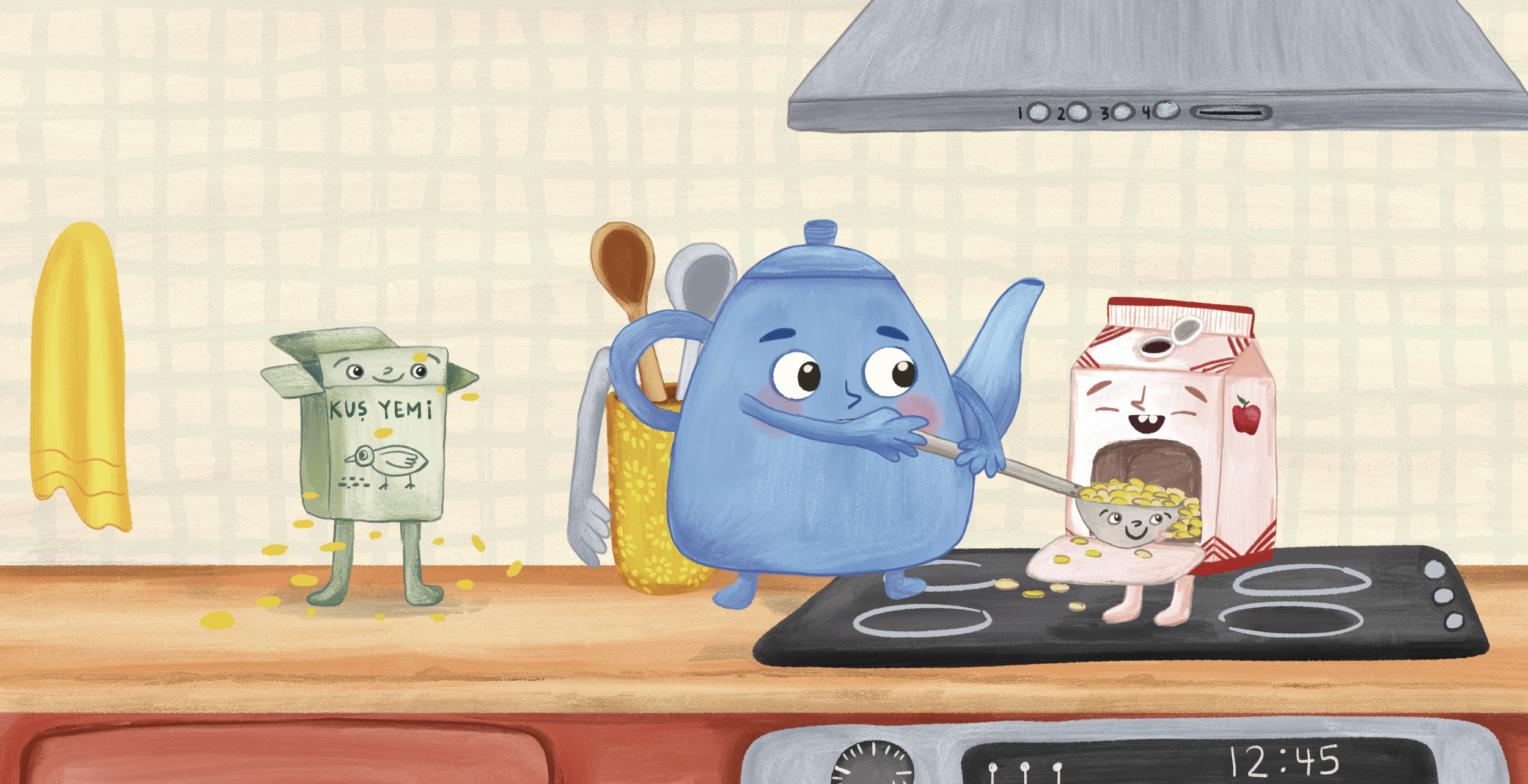 Animated kitchen scene with a blue teapot character cooking on the stove, scooping cereal from a pink cereal box with a smiling face. To the left, a green and yellow box labeled "Kuş Yemi" with a bird illustration has arms and legs, spilling yellow f