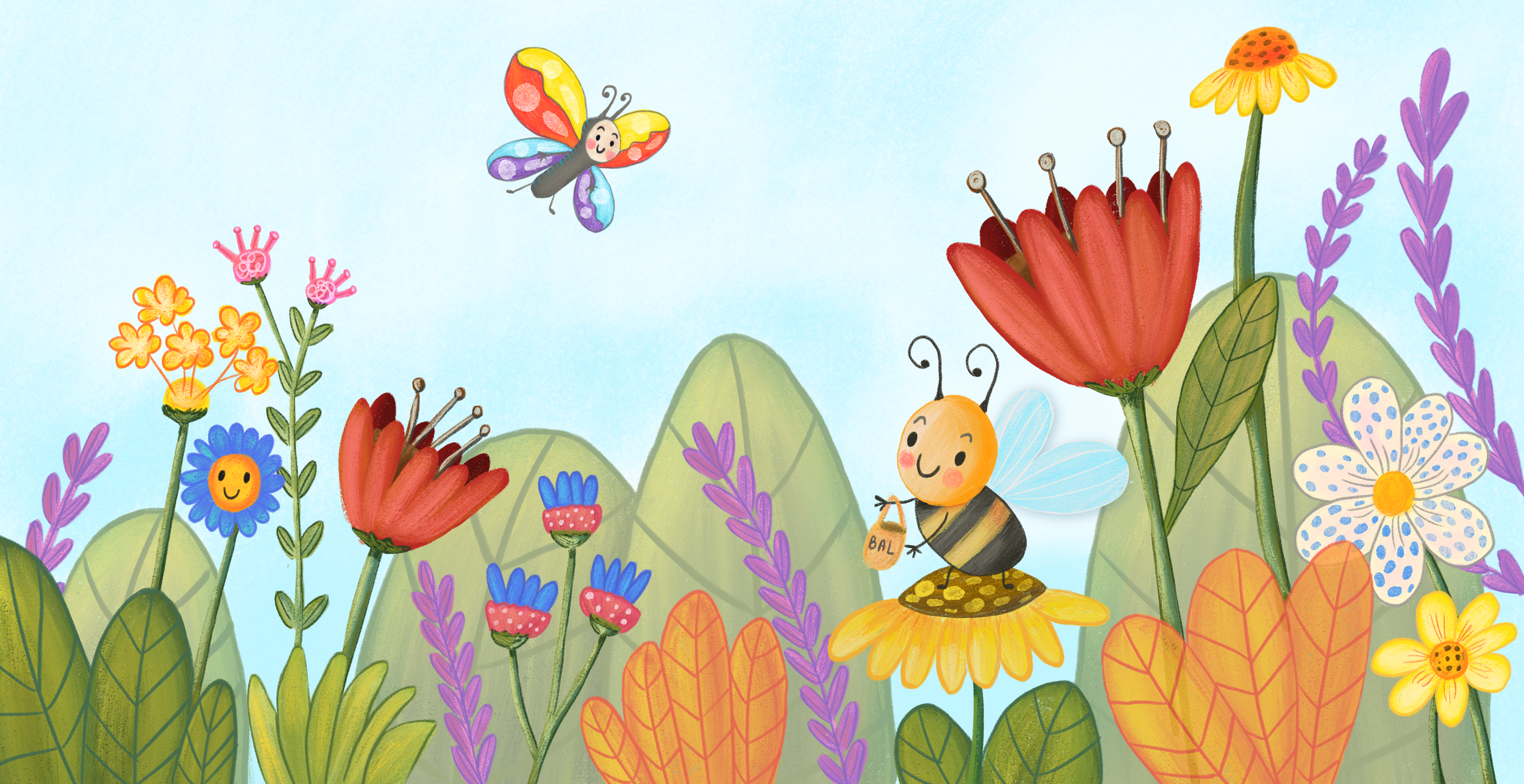 A colorful cartoon garden scene with smiling flowers, a bee sitting on a yellow flower holding a honey jar that says 'BAL,' and a cheerful butterfly flying in a blue sky.