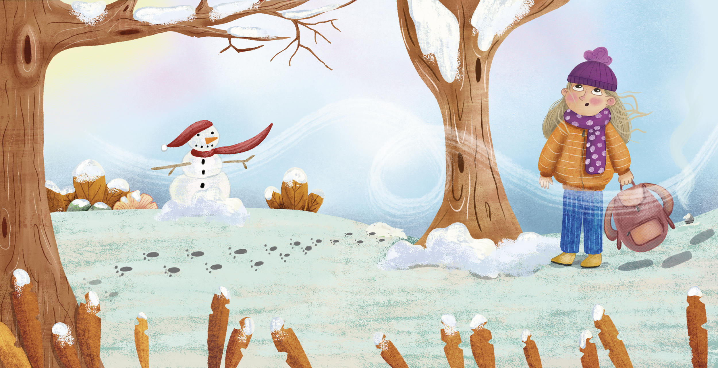 A girl standing in a snowy backyard with a backpack, wearing an orange coat, purple scarf, purple hat, and blue pajamas, looking up at the sky. Two large trees and a snowman with a red scarf and hat are in the background. Snow-covered bushes and a wo