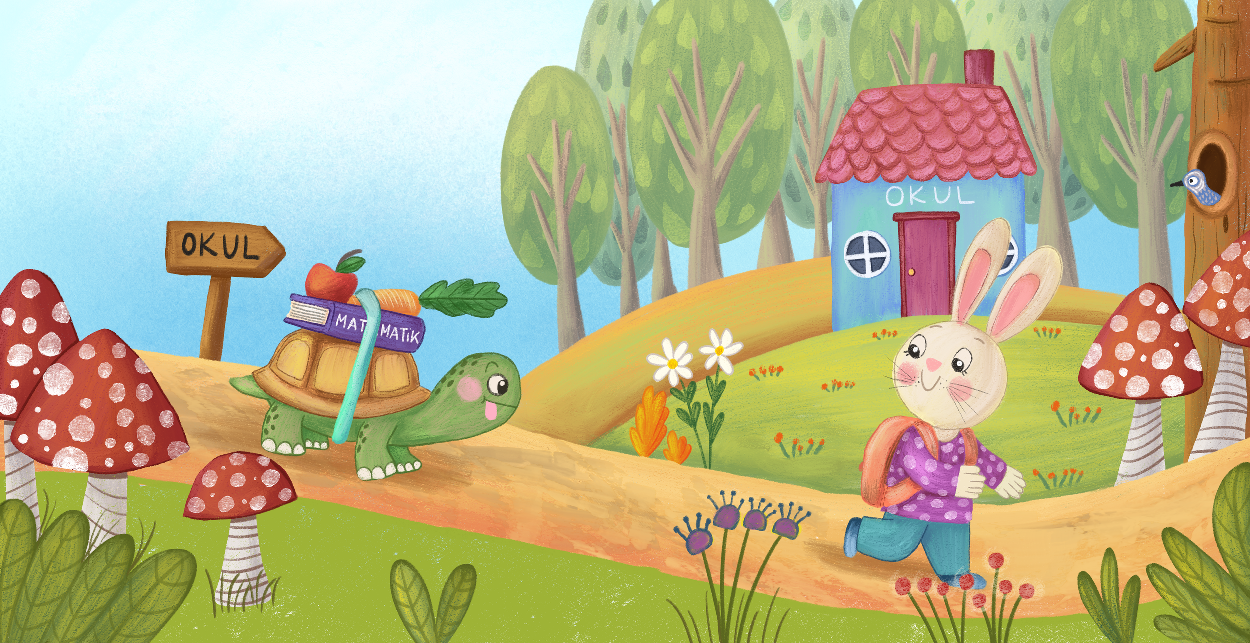 A cartoon scene of a bunny with a backpack walking on a dirt path, smiling and looking at a turtle carrying books and a carrot on its shell, with a schoolhouse labeled 'OKUL' in the background surrounded by trees and colorful plants.